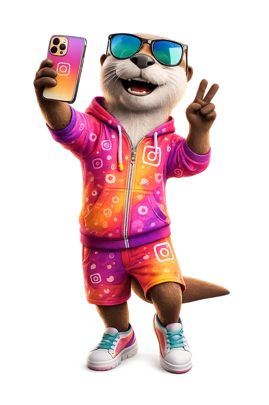 Otter mascot in Instagram colours holding a phone