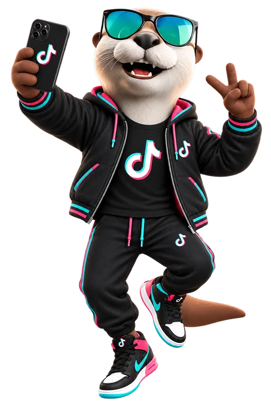 Otter mascot in TikTok gear with a camera
